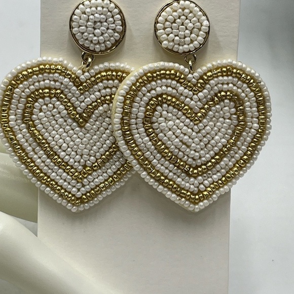 J. Crew‎ Factory Beaded Heart Statement Earrings in Pearl Multi Gold Plated New - Picture 4 of 8